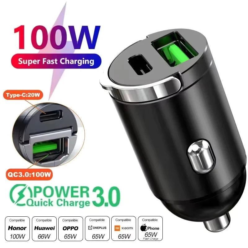 2025 Mini 100W PD QC Pull Ring Fast Charging Car Charger USB C Car Phone Charger Adapter For iPhone Xiaomi Samsung Huawei